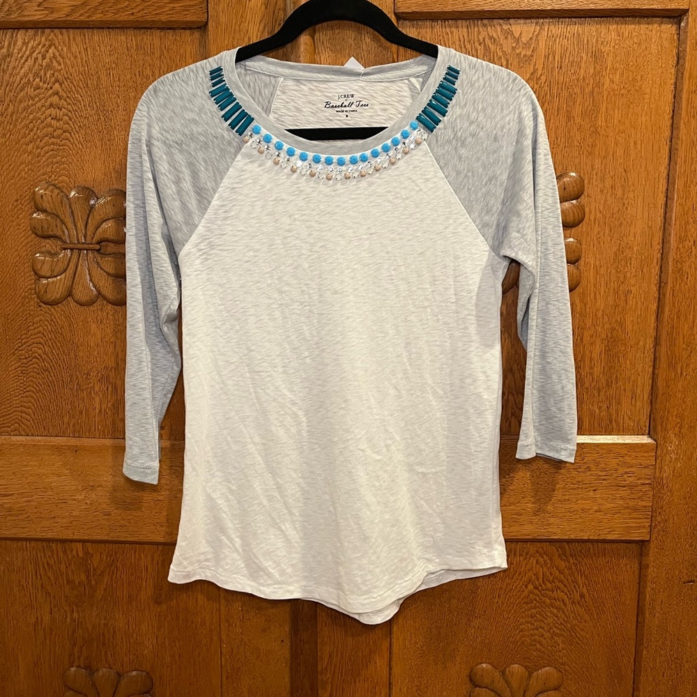J. Crew Factory Beaded Jeweled Grey/White Baseball Tee (small)
